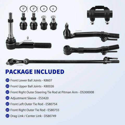 Front Steering Suspension Kit For 2005 2016 Ford F 250 F 350 Super Duty 4x4 Heavy Duty Includes Upper And Lower Ball Joints Outer Tie Rods Drag Link And Adjustment Sleeve Nine Piece Complete Front End Upgrade showing kit contents
