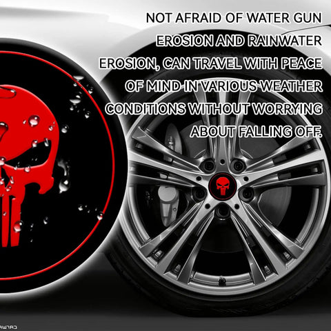 Fresh Four Pack Wheel Center Cap Stickers Featuring A Dope Skull Design In Vivid Red For Any Road Ready Ride These Two Point Two Inch Metal Emblems on a wheel.