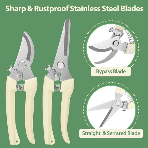 All Purpose Pruning Shears Set With Stainless Steel Blades, bypass and straight style, ergonomic handles, gift for garden lovers