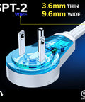 Smooth Operator 4 Foot UL Certified 360 Degree Rotating Flat Plug Extension Cord With Three Grounded Outlets Power Strip's plug showcasing SPT-2 wire.