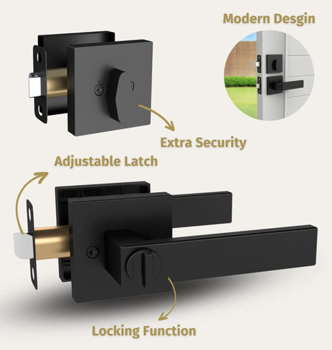 Heavy Duty Entrance Door Levers Set With Entry Lever Handle, Single Cylinder Deadbolt Lock And Keyed Entry, Square Locking Door Hardware for left or right handed doors, matte black finish.