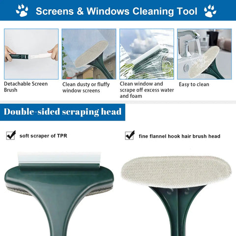 Infographic of detachable screen brush with double-sided scraping head, part of Pet Proof Window Screen Repair Kit With Extendable Cleaning Tool.