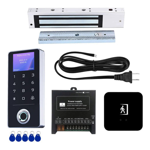 All In One Door Access System Kit With Fingerprint, RFID Card And Password Entry, 600Lb Magnetic Lock, Infrared Wireless Switch