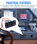 Illustration of a Dual Gang Rocker Switch Panel 12V And 24V 10A Waterproof Automotive On Off Switches with Blue LED in a boat cockpit.