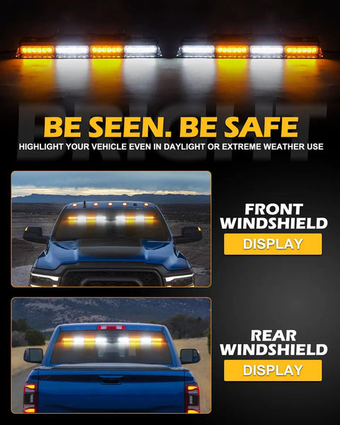 Emergency Dash Strobe Lights Bar With 48 LED High Brightness Amber White on truck windshields, front and rear display
