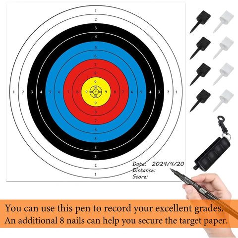 50 Piece Archery Target Papers Set With 8 Plastic Target Face Pins And Marker Pen for Backyard Practice Bow and Crossbow Targets