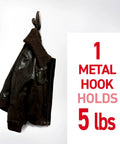 Five Pound Large Brushed Nickel Metal Hooks With Two Large Hooks And Four Adhesive Strips Damage Free Hanging holding a jacket