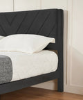 Queen Size Platform Bed Frame With Velvet Headboard And Wing Edge Design Crafted From Solid Wooden Slats For Legit Noise Free Rest No Box Spring Needed Straight Up Easy Assembly Matte Black Finish, close-up of velvet headboard.