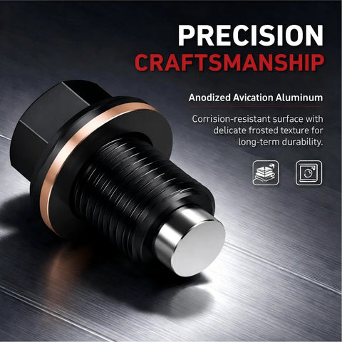 Universal M14 X 1.5 Magnetic Oil Drain Plug With Crush Washer Gaskets For Most Cars, CNC Aluminum Engine Oil Pan Bolt Kit That Traps Debris And Stops Leaks Like A Boss. Black anodized aluminum M14 x 1.5 magnetic oil drain plug with washer
