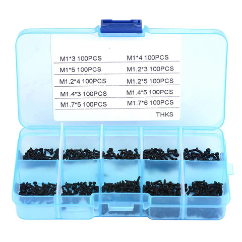 1000Pcs Small Cross Head Self Tapping Screws Assortment Kit M1 M1.2 M1.4 M1.7 Handy Fix It Kit For Watches Glasses And Electronics In A Portable Plastic Case Stainless Steel, open case front view