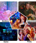 Collage showing bedtime, appointment, game, and party scenes with 4 In 1 Galaxy Star Projector With Bluetooth Speaker Remote Voice Control And Timer 18 Lighting Effects Sky Night Light Christmas Decor For Kids And Adults