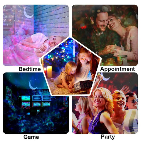 Collage showing bedtime, appointment, game, and party scenes with 4 In 1 Galaxy Star Projector With Bluetooth Speaker Remote Voice Control And Timer 18 Lighting Effects Sky Night Light Christmas Decor For Kids And Adults