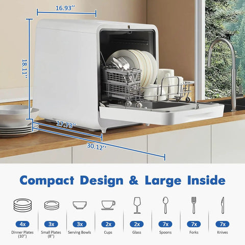 No Sweat Countertop Portable Dishwasher Featuring Faucet Hookup And Self Prime Pump Six Auto Cycles, compact design with large dish capacity.