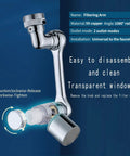 1080 Degree Rotating Faucet Extender With Copper Body And Four Layer Filter, showing installation and 2 outlet modes, silver
