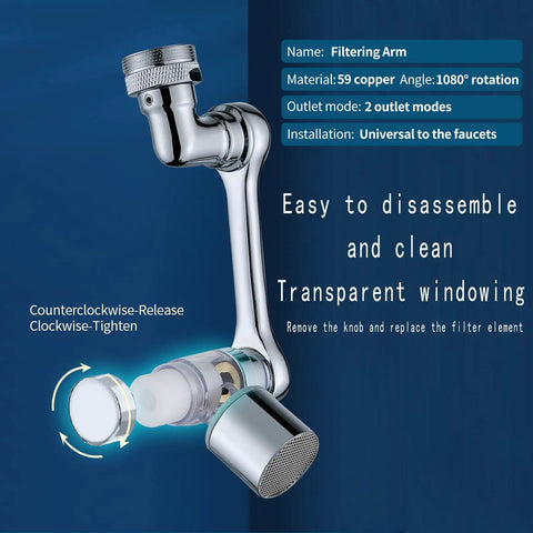 1080 Degree Rotating Faucet Extender With Copper Body And Four Layer Filter, showing installation and 2 outlet modes, silver