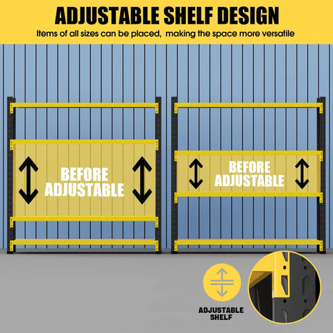 Heavy Duty Industrial Steel Storage Shelves Four Tier Warehouse Rack Real Bad Boy For Storing All Your Gear With 2600 Pound Per Shelf Load Rating Fully Flexible Setup For Garage Or Shop Grind In Yellow And Black