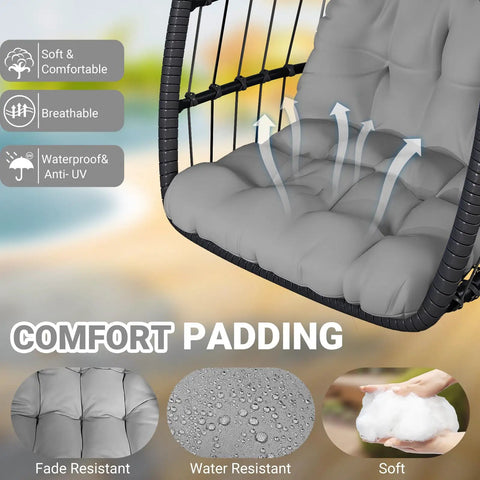 Close-up of comfort padding on egg chair with stand for patio and garden, UV resistant cushion displayed, wicker rattan seen