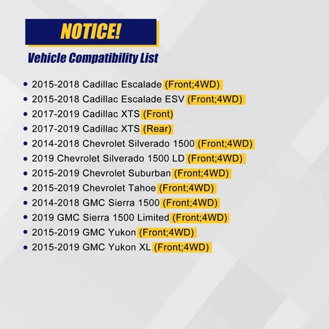 Compatibility list for Front Wheel Bearing And Hub Assembly For Chevy Tahoe Suburban Silverado 2014-2019, GMC Yukon 1500 2014-2019