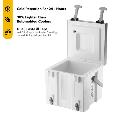 Halftime 3 Gallon Portable Water Cooler Dispenser With Dual Taps Bottleless BPA Free Stackable Hydration Station For Sports Camping BBQ Parties And More White, open view showing interior and taps