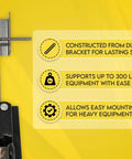 Tow Behind Wall Mount Bracket Kit for Lawn Care Attachments with durability and 300 lbs support details displayed.