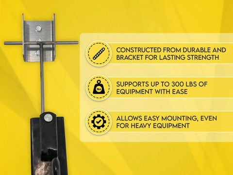 Tow Behind Wall Mount Bracket Kit for Lawn Care Attachments with durability and 300 lbs support details displayed.