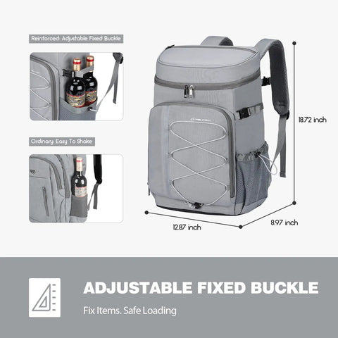 Gray insulated cooler backpack with leakproof liner, adjustable buckle, 35 to 50 can capacity, easy clean interior.