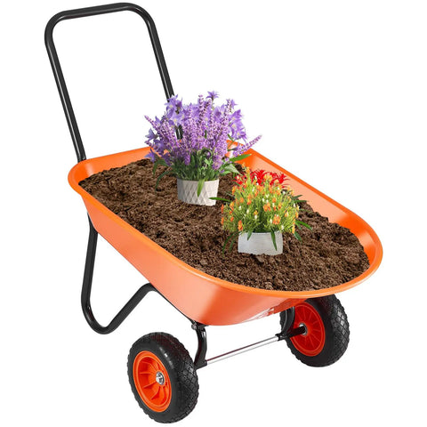 Heavy Duty Workhorse Garden Dump Cart With 5 Cu Ft Load And 397 Lb Capacity Two Wheel Wheelbarrow filled with soil and flowers