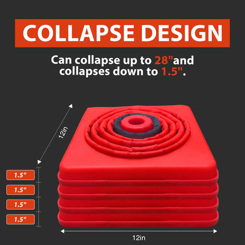 Collapsible 28 Inch Traffic Cones 4 Pack Pro Grade Pop Up Safety Road Markers showing collapsed design down to 1.5 inches.