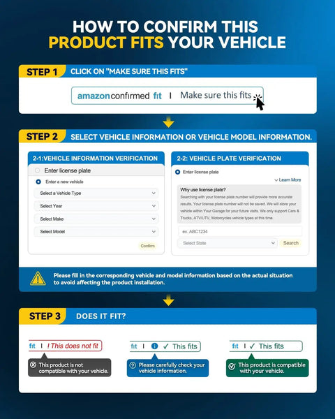 Instructions for confirming if a product fits your vehicle on an online platform, showing steps and input fields.