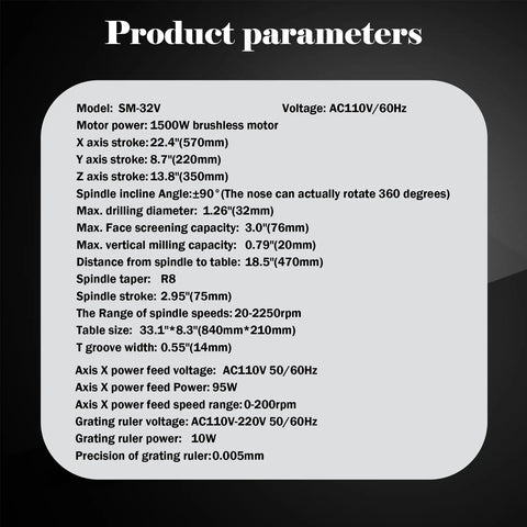 Product parameters for Jaryannix 1.5Kw Benchtop Mill Drill With Brushless Motor And 3-Axis Digital R8 Spindle Taper.