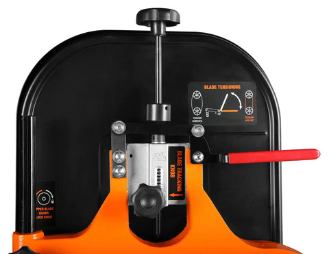 Close-up of the Industrial 14-Inch Band Saw With 1 HP Dual Voltage 120V And 240V And Two Speed, showing quick-release blade tension handle.