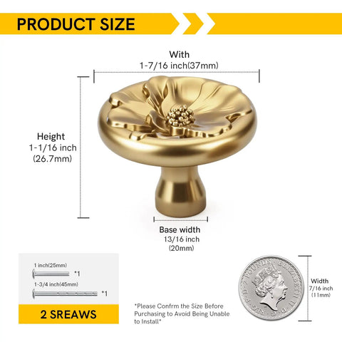 Close-up of brass flower knob with measurements, part of the 20 Pack Flower Drawer Knobs Set Brushed Brass For Dresser Closet And Cabinets.