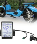 Ride Ready M5 LCD Display Panel For Electric Bikes And Scooters shown with speedometer reading, next to blue scooter.