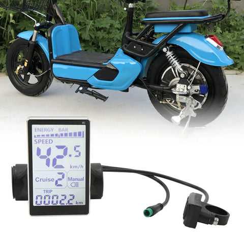 Ride Ready M5 LCD Display Panel For Electric Bikes And Scooters shown with speedometer reading, next to blue scooter.