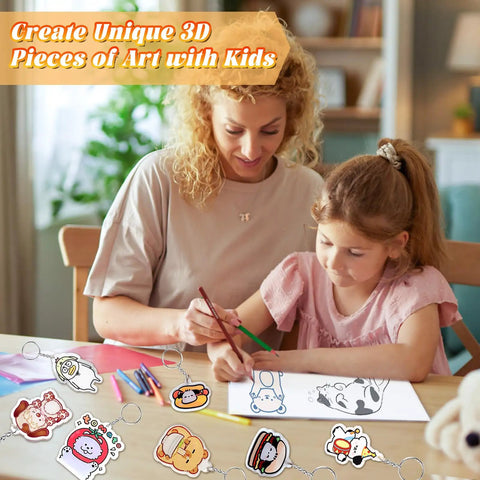 Mother and daughter using DIY Shrink Plastic Keychain Kit With 140 Pieces Shrink Sheets And 120 Accessories on table.