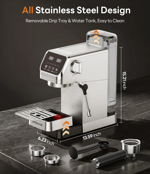 Compact Espresso Machine With Milk Frother And Touchscreen, 20 Bar Pressure, 1400W Fast Heat, Stainless Steel Coffee Maker