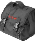Black Craftsman tool bag with front buckles and zipper pocket, suitable for storing 12V Portable Tire Inflator For Cars And SUVs.