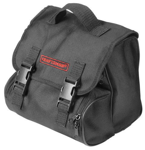 Black Craftsman tool bag with front buckles and zipper pocket, suitable for storing 12V Portable Tire Inflator For Cars And SUVs.