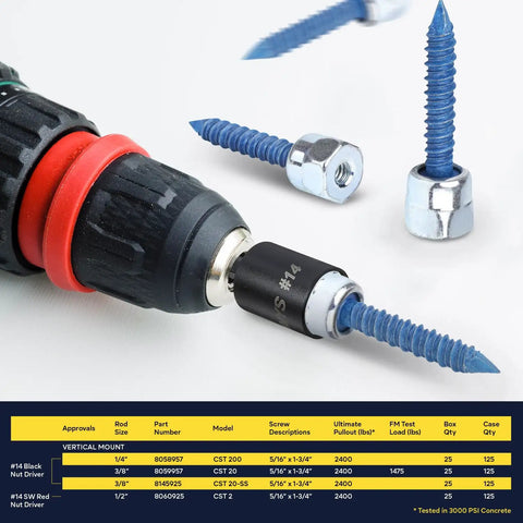 Vertical Threaded Rod Anchor For Concrete And Steel Structures Zinc Finish 5/16 Inch Diameter 1-3/4 Inch Screw, drill setup