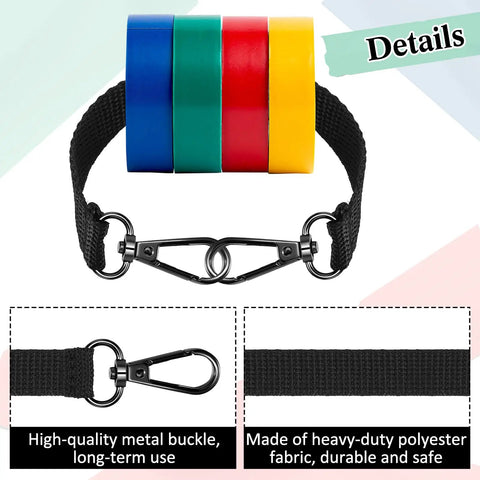 Electrical Tape Holder Belt Strap With Snap Hooks And Pouch Rotating Buckles Pro Grade Quick Access Tape Carrier For Electricians And Carpenters 11 Inch Belt Accessory For Tool Bag Black with colorful tapes and metal buckles, polyester fabric.