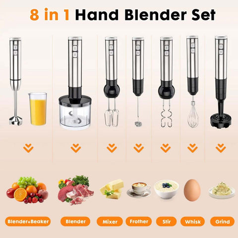 8 in 1 Hand Blender Set displays stainless steel immersion blender, beaker, and various attachments for blending and chopping.