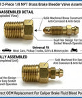 Full 2-Piece 1/8 NPT Brass Brake Bleeder Valve Assembly, solid brass construction for universal fit in most vehicles.