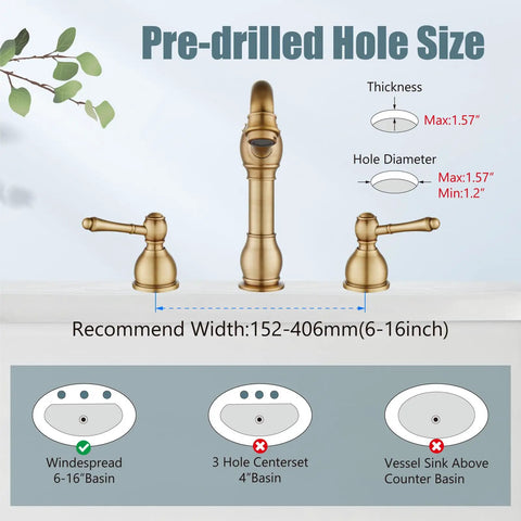 8 Inch Widespread Bathroom Sink Faucet With 3 Hole Deck Mount Vanity Mixer Tap Pop Up Drain Antique Brass Double Lever Handle All Metal Brass Construction Rustproof And Easy To Install installation diagram