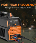 Image of a 2 In 1 Plasma Cutter And MMA Welder With Large Digital Display 60A Plasma Cut 200A MMA Non High Frequency Non Touch Pilot Arc Dual Voltage 110 220V Ideal For Stainless Steel Aluminum Copper And More For Pros And DIYers showing a side view with active welding sparks.