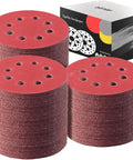 210 Piece 5 Inch 8 Hole Sanding Discs Set For Random Orbital Sander Hook And Loop Sandpaper stacked with packaging