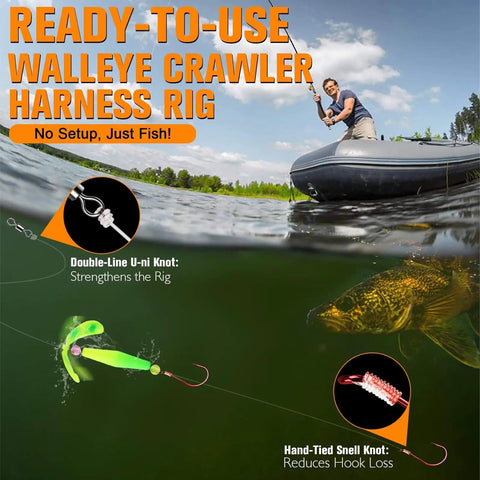 Crawler Harness Walleye Rigs With Dual Wing Blade Inline Float Glow Beads Fluorocarbon Worm Harness Size 2 Red Octopus Hooks Slow Troll 0.25 MPH 7 Pack underwater with angler fishing from boat.