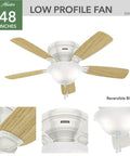 Low Profile 48 Inch White Ceiling Fan With LED Light Kit And Pull Chain Whisper Wind Motor For Quiet Operation Reversible Multi Speed Airflow Modern Look For Living Rooms And Bedrooms