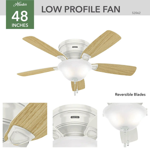 Low Profile 48 Inch White Ceiling Fan With LED Light Kit And Pull Chain Whisper Wind Motor For Quiet Operation Reversible Multi Speed Airflow Modern Look For Living Rooms And Bedrooms