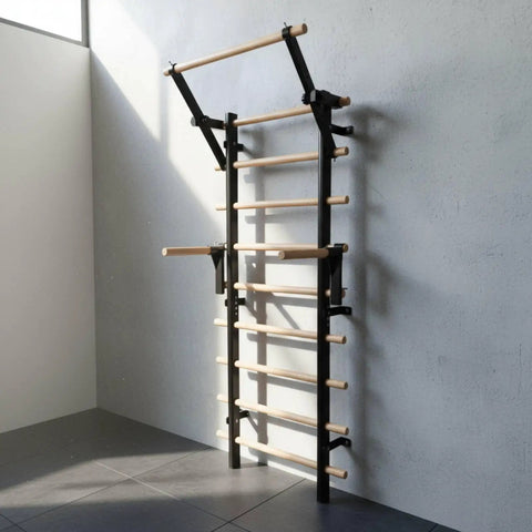 Home Gym Pull Up Ladder Stall Bar With Stable Wall Mount Frame And Wood Rungs For Climbing And Mobility Training shown in home setting