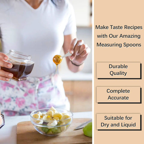Person using Stainless Steel 1 Tsp Measuring Spoon with 5 mL and 1/3 Tbsp markings to pour honey into a fruit bowl, promoting precise cooking